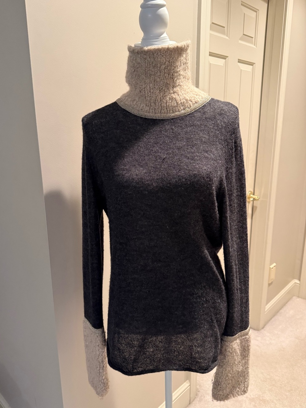 Tory Burch Two-Tone Turtleneck Sweater in Charcoal and Cream